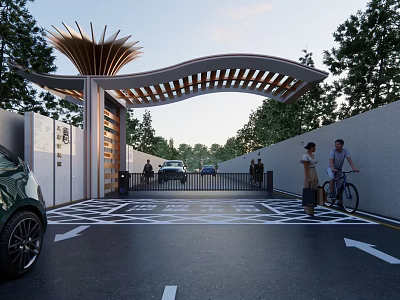 Modern Entrance Gate With Curved Wooden Roof And Driveway For Vehicles And Pedestrians 3d model
