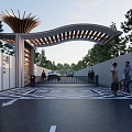 Modern Entrance Gate With Curved Wooden Roof And Driveway For Vehicles And Pedestrians