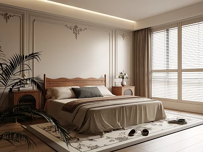 Elegant Bedroom With Wooden Headboard Bed Beige Bedding Decorative Wall Moldings And Large Window Blinds 3d model