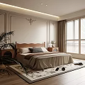 Elegant Bedroom With Wooden Headboard Bed Beige Bedding Decorative Wall Moldings And Large Window Blinds