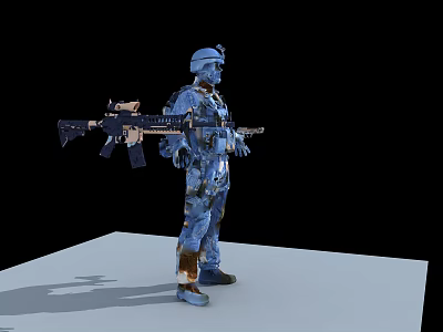 Game Movie Character in Blue Camouflage Uniform Helmet and Rifle Standing on White Platform 3d model