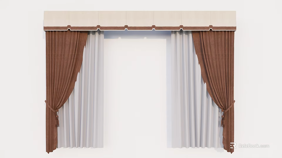 Elegant Brown And Light Layered Window Curtains With Valance And Tiebacks 3d model