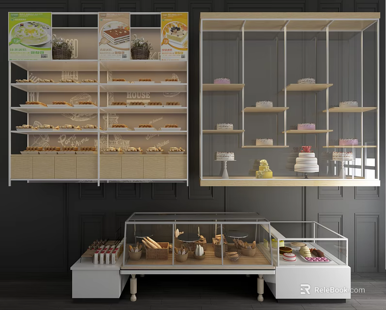 Bakery Interior With Display Shelves And Cabinets 3d model 