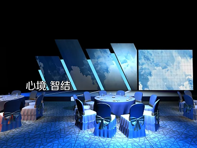 Blue Themed Banquet Hall With Round Tables Chairs Tablecloths Bow Decorations And Sky Background Screens 3d model