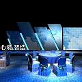 Blue Themed Banquet Hall With Round Tables Chairs Tablecloths Bow Decorations And Sky Background Screens