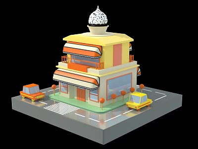 Modern Two Story Ice Cream Shop Building With Yellow Orange Exterior Awning Cars And Plants 3d model