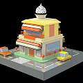 Modern Two Story Ice Cream Shop Building With Yellow Orange Exterior Awning Cars And Plants