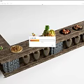 Rustic Wooden Bar Counter With Fruit Basket Nuts Drinks And Brick Base