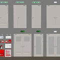 Various White Doors And Fire Safety Equipment On Gray Wall 3d model