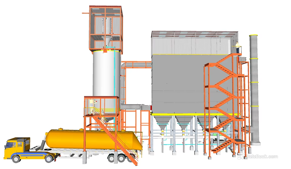 Industrial Equipment Complex With Storage Tank Orange Framework Piping System And Truck 3d model 