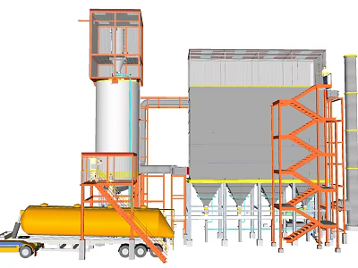 Industrial Equipment Complex With Storage Tank Orange Framework Piping System And Truck 3d model