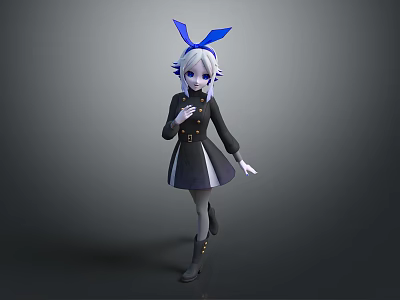 Anime Style Character With White Hair Blue Bow Black Coat And Fantasy Creature 3d model