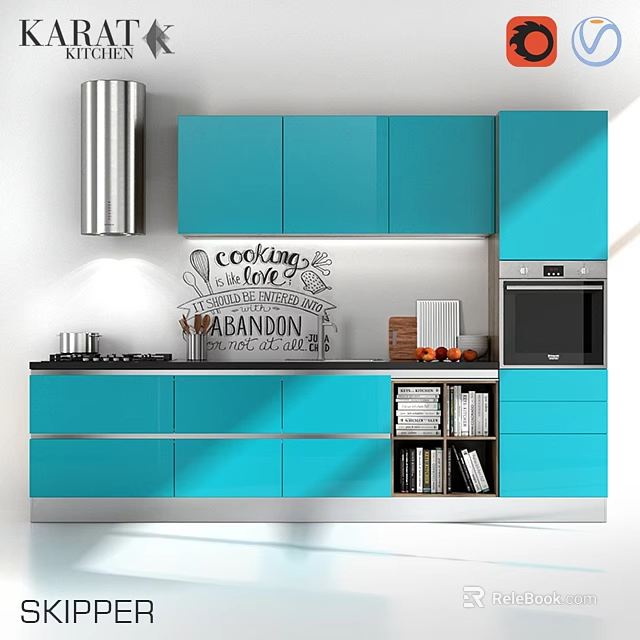 Modern Kitchen With Turquoise Cabinets Cooking Art And Oven Appliances 3d model 