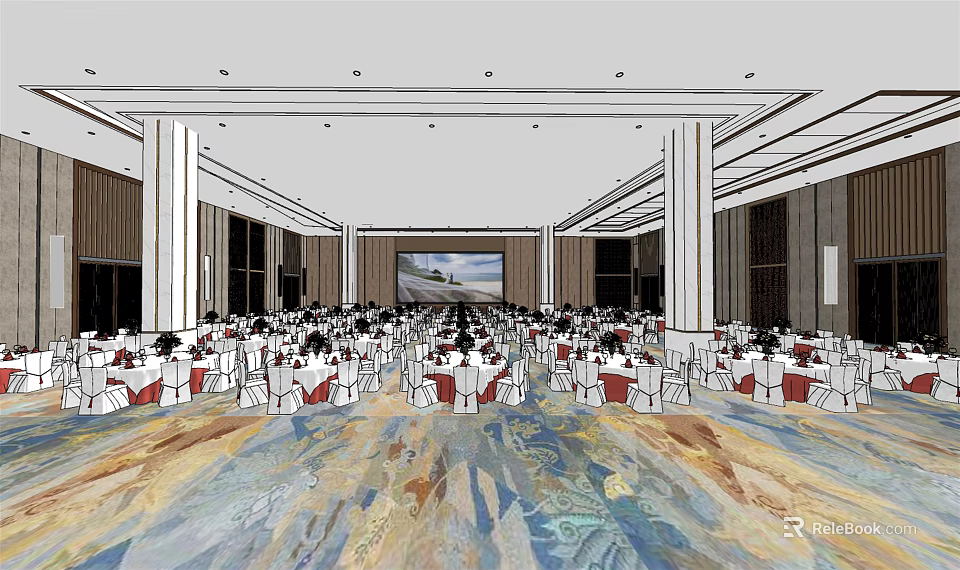 Elegant Banquet Hall Interior With Round Tables Red Chair Covers And Stage 3d model 