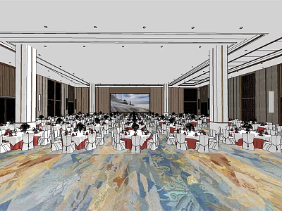 Elegant Banquet Hall Interior With Round Tables Red Chair Covers And Stage 3d model