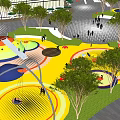 Colorful Outdoor Playground With Play Structures Trees Active Children And Urban Buildings