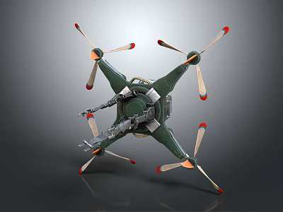 Intelligent Drone With Multiple Rotors Green Body And Red Rotor Tips 3d model