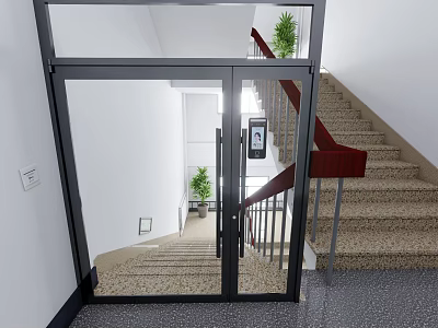 Modern Glass Door Entrance With Staircase Wooden Handrail And Indoor Plants 3d model