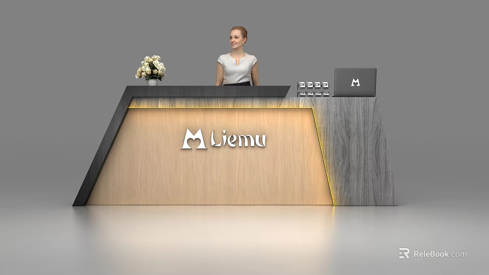 Modern Lienu Reception Desk With Wooden Design Flower Vase Laptop And Receptionist 3d model 