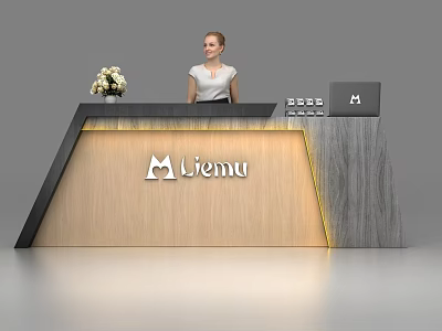 Modern Lienu Reception Desk With Wooden Design Flower Vase Laptop And Receptionist 3d model