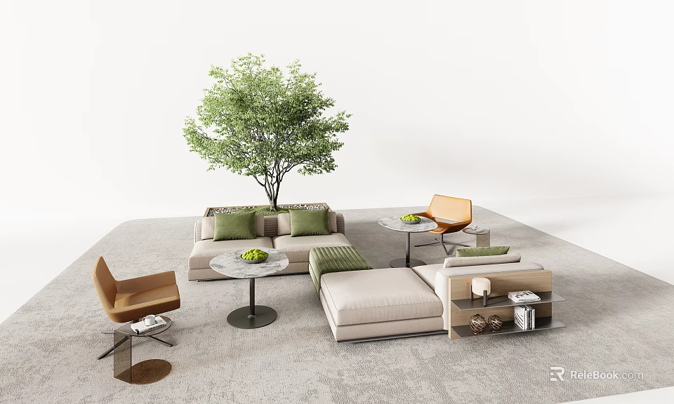 Modern Landscape Seating Area With Beige Sofa Orange Chairs Round Tables And Green Tree 3d model 