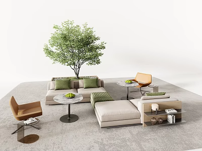 Modern Landscape Seating Area With Beige Sofa Orange Chairs Round Tables And Green Tree 3d model