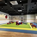 Colorful Indoor Kids Fitness Area with Tunnel Slide Mats Green Yellow Flooring and POWER Wall Sign