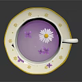 Decorative Teacup And Saucer With Purple Liquid White Daisy And Purple Flowers