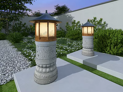 Traditional Outdoor Lights with Stone Carved Pillars Roof Shaped Tops in Garden with Gravel Path 3d model