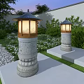 Traditional Outdoor Lights with Stone Carved Pillars Roof Shaped Tops in Garden with Gravel Path