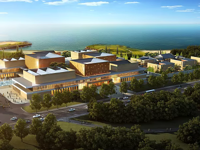 Modern Office Building Complex With Contemporary Design Amid Green Trees And Scenic Sea View 3d model