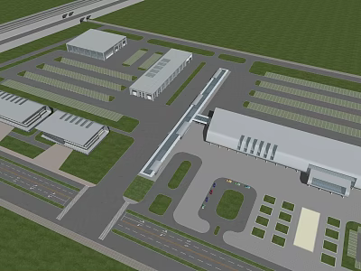 Industrial Complex Aerial View With Multiple Buildings Green Spaces And Parking Areas 3d model