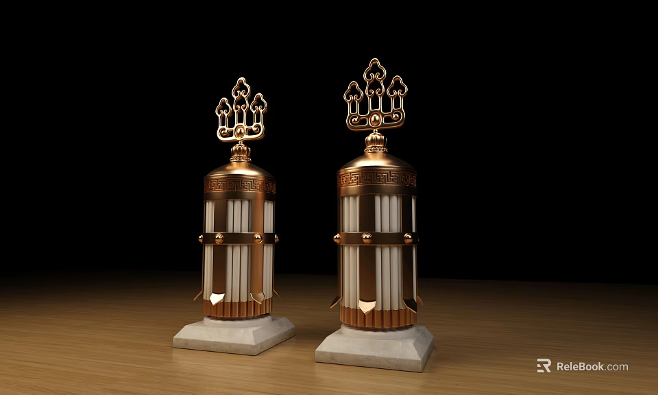 Two Piece Decorative Ornament Set with Intricate Brass Top and White Marble Base on Wooden Table 3d model 