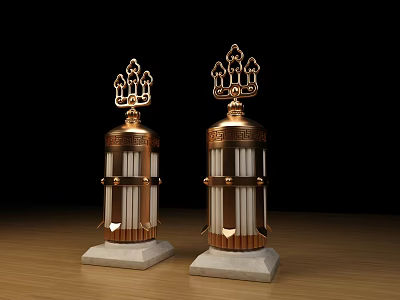 Two Piece Decorative Ornament Set with Intricate Brass Top and White Marble Base on Wooden Table 3d model