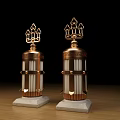 Two Piece Decorative Ornament Set with Intricate Brass Top and White Marble Base on Wooden Table