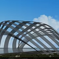 Modern Pergola Design Curved Transparent Structure With Green Plants Against Blue Sky