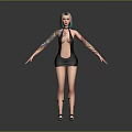 3D Female Character With Double Colored Hair Arm Tattoos Black Sleeveless Dress Open Arms Pose