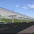 Urban Road Infrastructure With Elevated Railway Track Red Train Vehicles Street Lamps Trees And Sidewalk