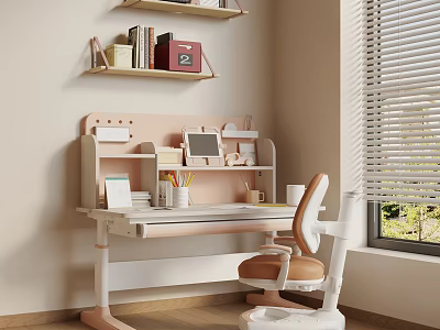 Functional Study Desk With Shelves Laptop Stationery And Ergonomic Chair Near Window 3d model
