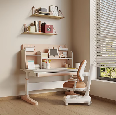 Functional Study Desk With Shelves Laptop Stationery And Ergonomic Chair Near Window 3d model