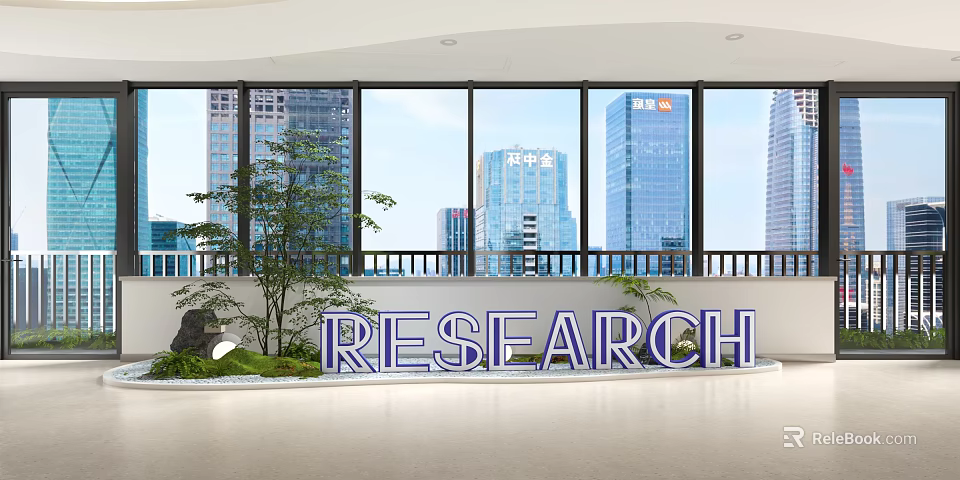 Modern Office Corridor Interior With Research Sign And City View Windows 3d model 