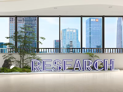 Modern Office Corridor Interior With Research Sign And City View Windows 3d model