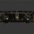 Vintage Black Suitcase With Blue Handles Golden Ball Worn Texture And Orange Edges