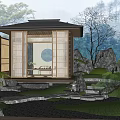 Tranquil Japanese Garden Landscape With Wooden Pavilion Stone Path And Green Plants