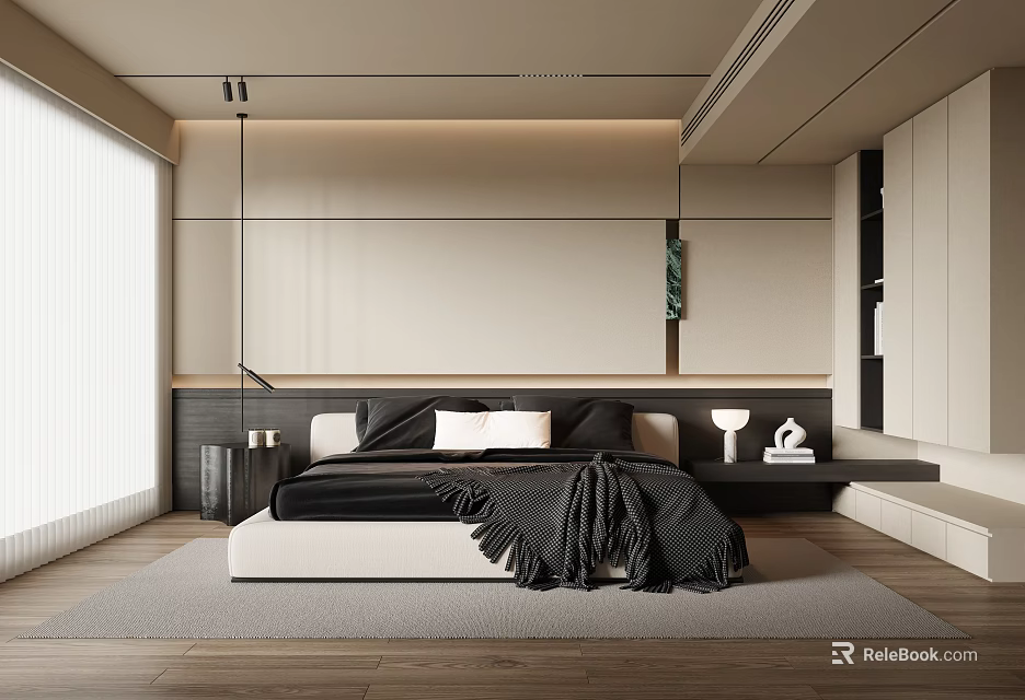 Modern Minimalist Bedroom Interior With Neutral Tones Bed Black Bedding And Natural Light 3d model 