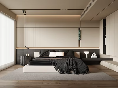 Modern Minimalist Bedroom Interior With Neutral Tones Bed Black Bedding And Natural Light 3d model