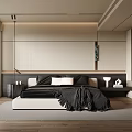 Modern Minimalist Bedroom Interior With Neutral Tones Bed Black Bedding And Natural Light