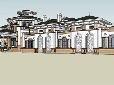 European Style Architecture Exterior Design With Black Roof Arched Windows And Ornate Details 3d model