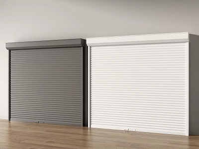 Gray And White Roller Shutters Display On Wooden Floor With White Wall Background 3d model