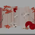 Elegant Floral Art Display With Red Flowers White Fans And Decorative Screens